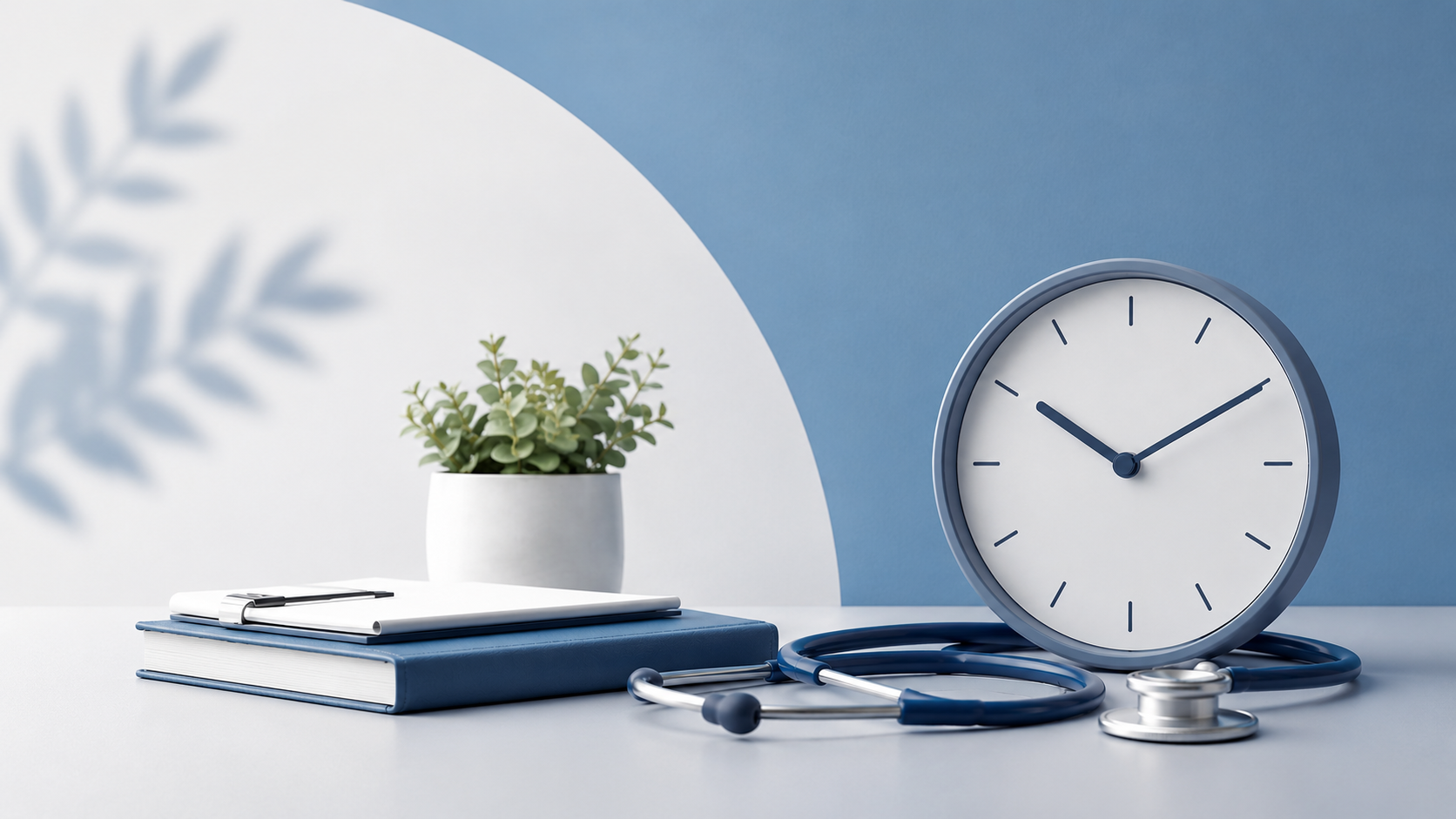 Clock, stethoscope and notebooks on a desk — symbolising time management in healthcare