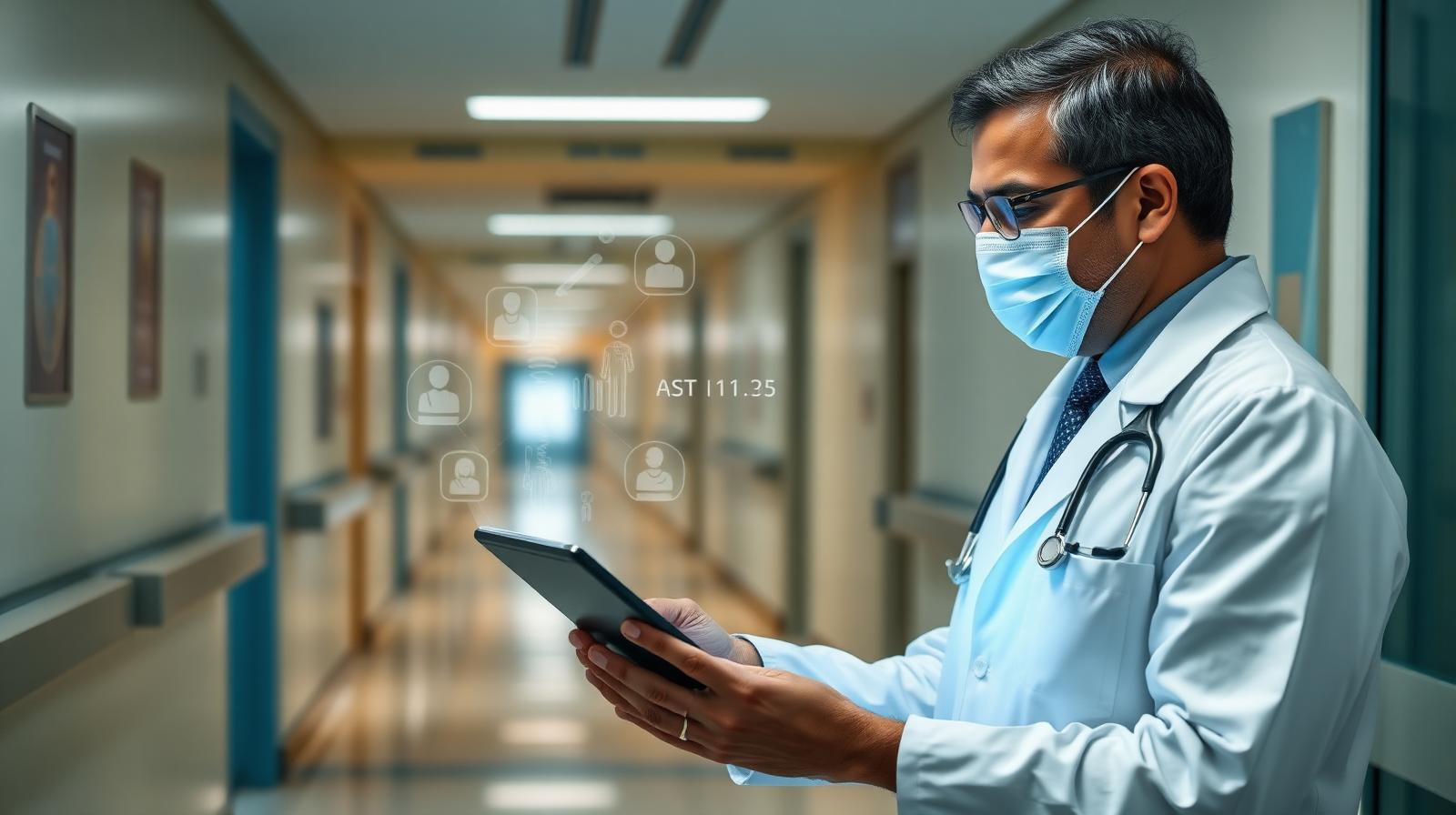 Indian doctor using a tablet with AI clinical note overlays in a modern hospital corridor