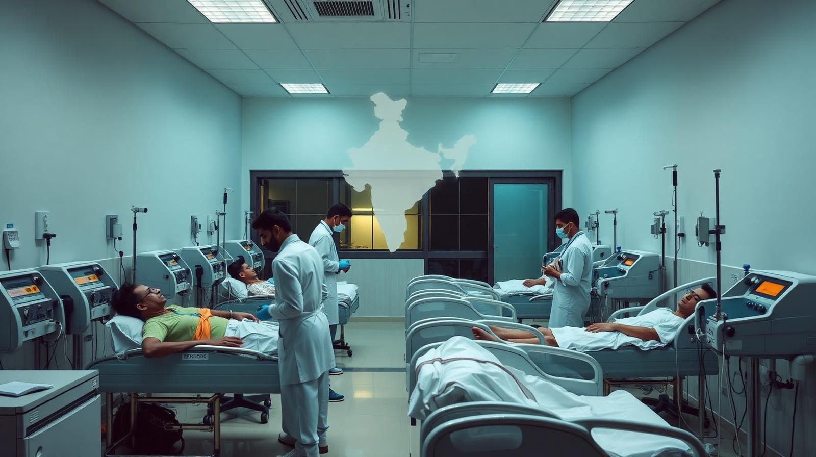Dialysis centre in India with technicians attending patients on dialysis machines