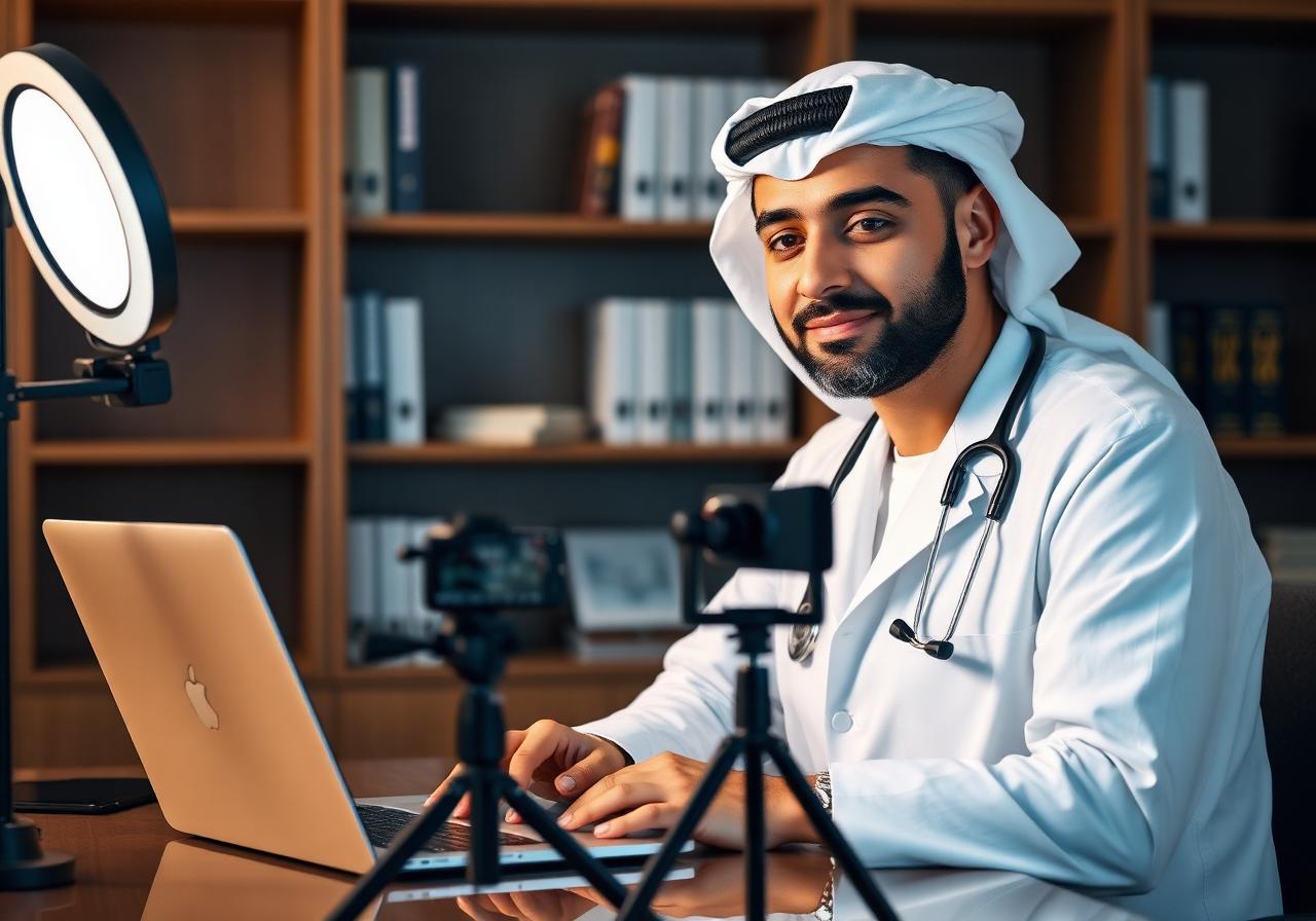 Healthcare expert recording a course in a Gulf hospital setting