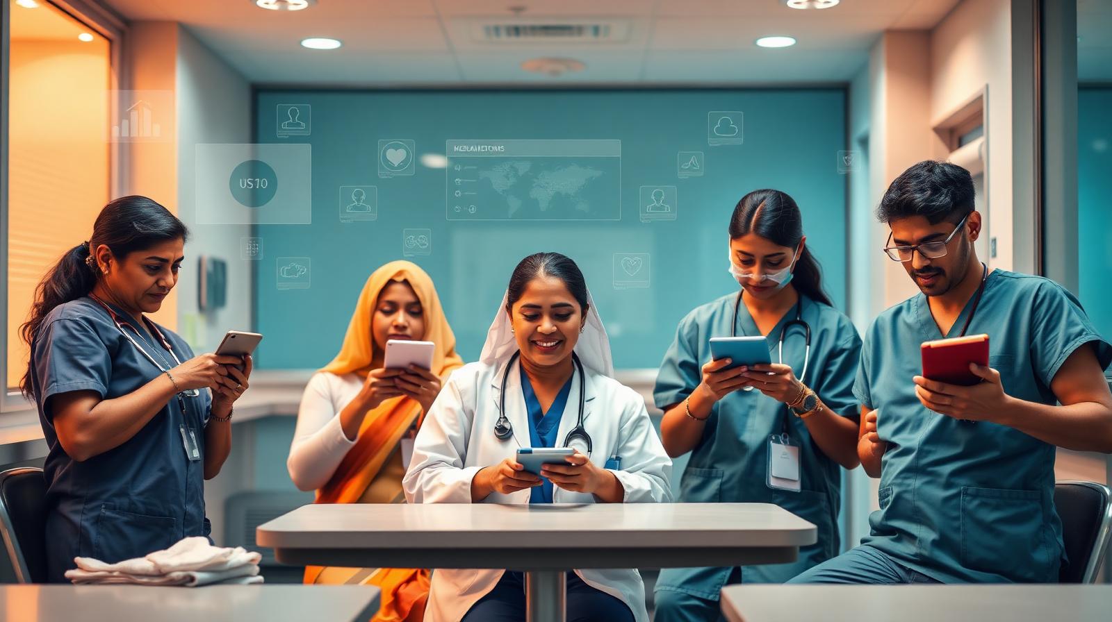 Indian healthcare staff using mobile phones and tablets for e-learning in a hospital training room