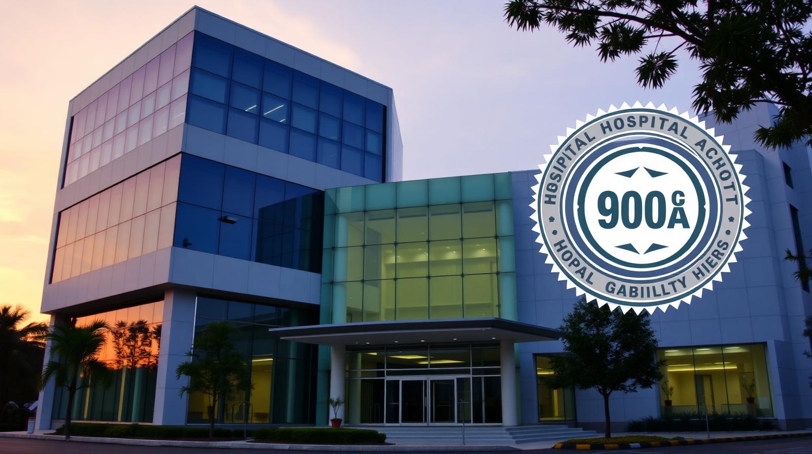 Modern Indian multi-specialty hospital exterior with quality accreditation seal overlay