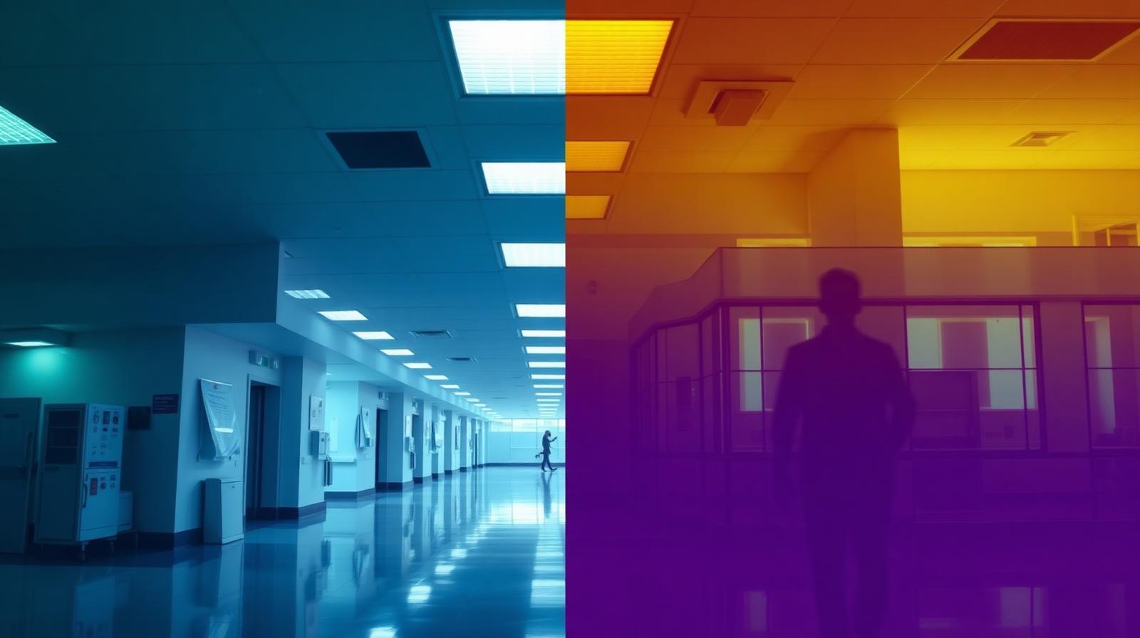 Split-frame conceptual photograph contrasting an Indian hospital corridor with an international hospital