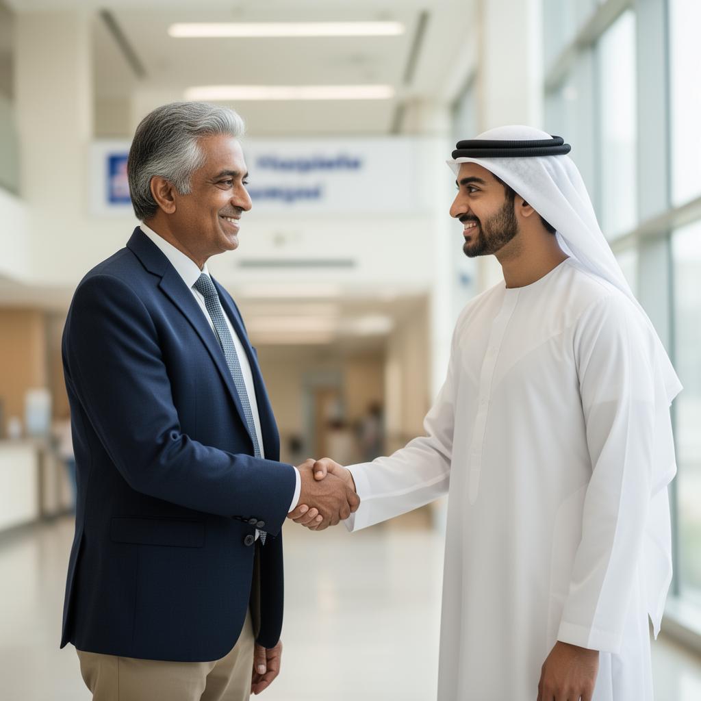 Hospital CFO and Emirati hospital administrator shaking hands