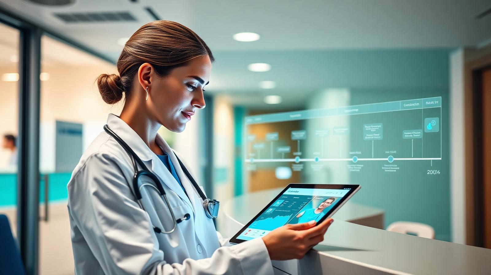 Hospital clinician reviewing a patient journey dashboard on a tablet with AI overlay